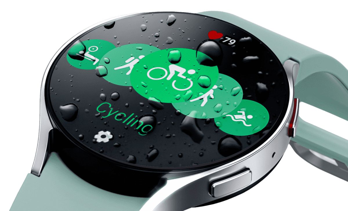 Watch6 with water droplets on the screen showing the different activities available