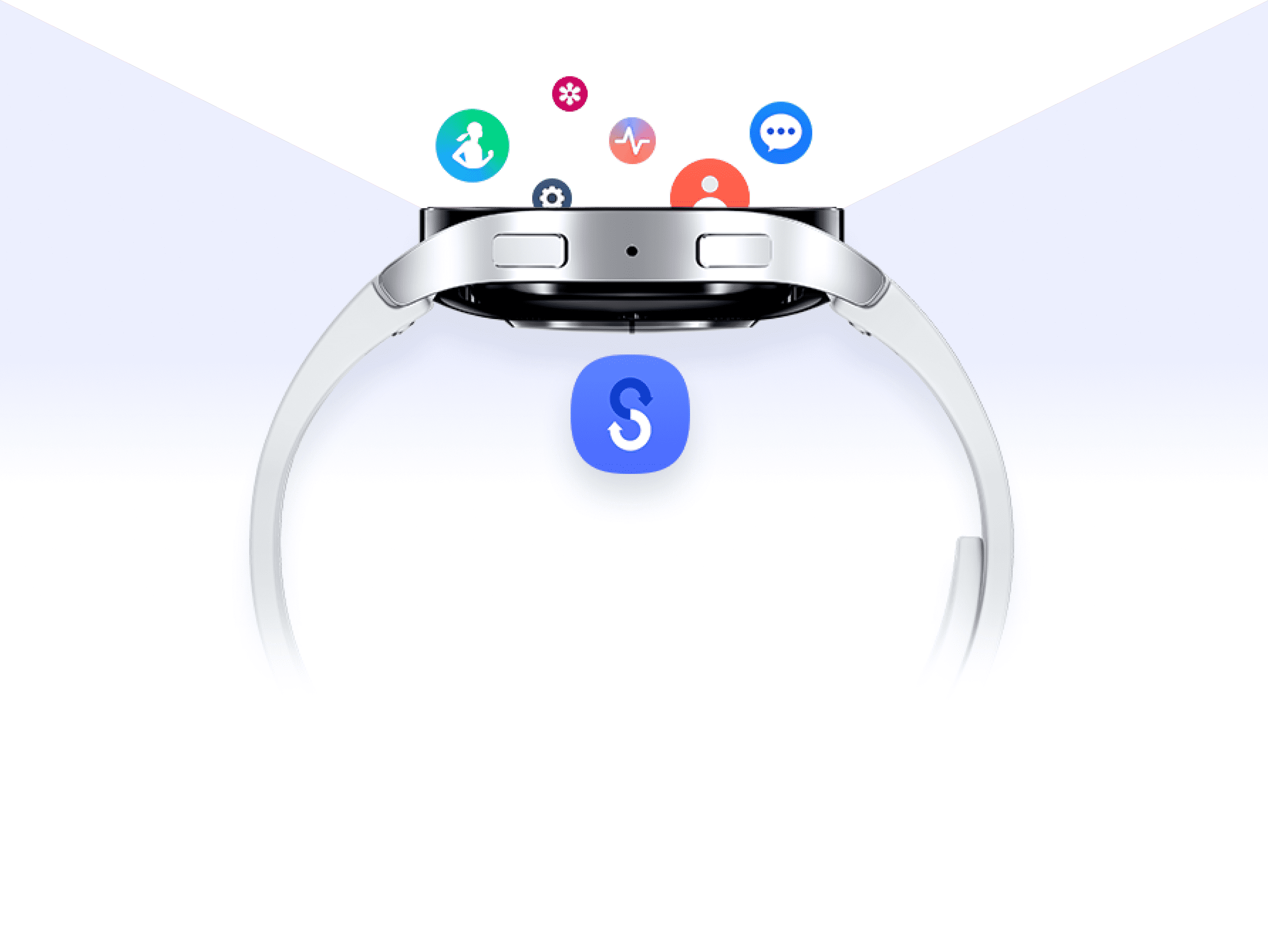 A view of the Watch6 from a side angle with colourful bubbles illustrating features appearing to come out of the screen